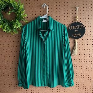 Vintage Koret Black + Green Striped Button Down Blouse